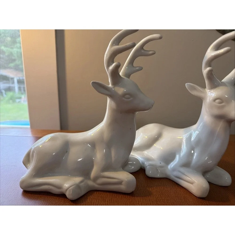 Vintage Pair Of White Porcelain Christmas Deer Buck Laying Figurine 8.5